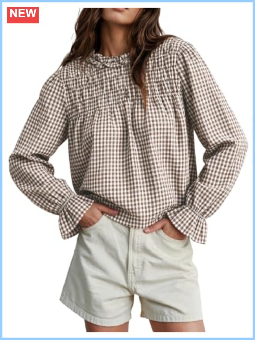 Gingham Ruffle Collar Babydoll Top Long Puff Sleeve Blouse